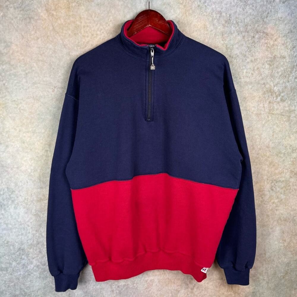 VTG 90s Russell Athletic Q Zip Sweatshirt Sz XL USA Made Color Block Navy Red